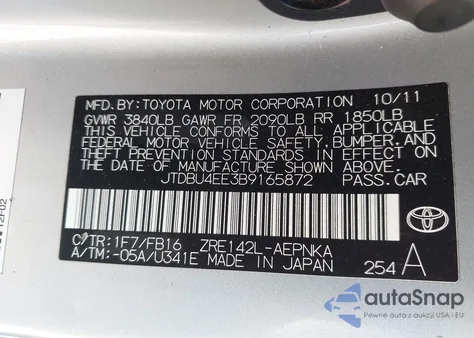 2011 Toyota Corolla Le from USA, damaged, VIN JTDBU4EE3B9165872